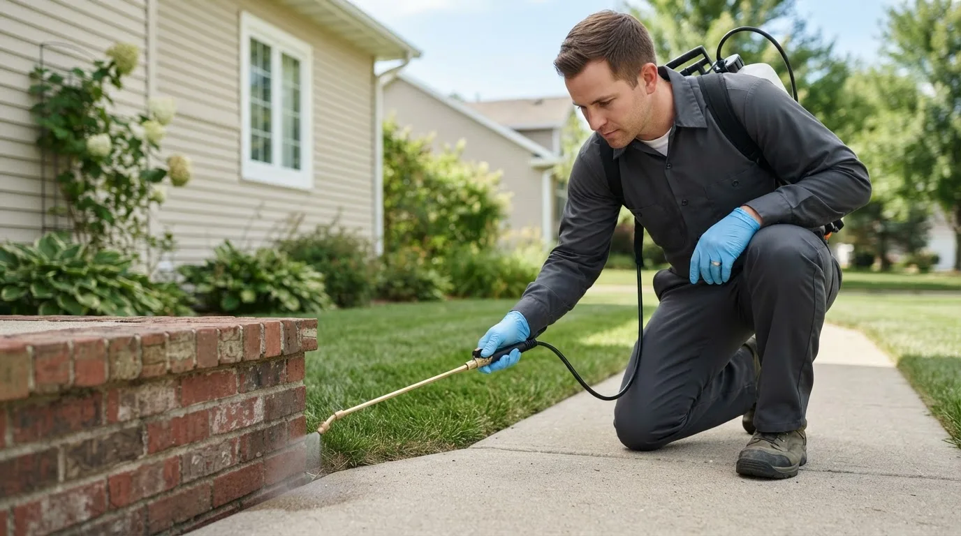 Pest control technician treating a home near Elmhurst, IL